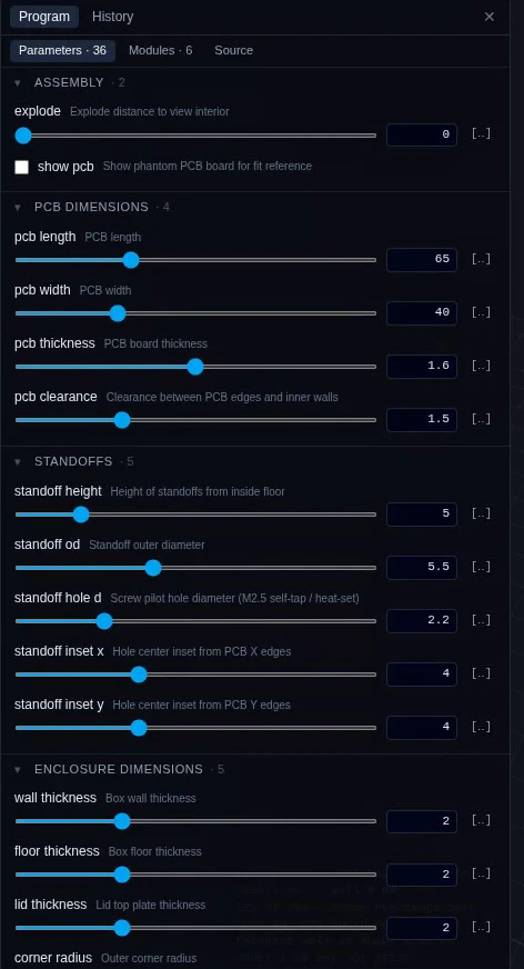 The program panel: parameter groups for assembly, PCB dimensions, standoffs and enclosure dimensions, each parameter a labelled slider with a number field.
