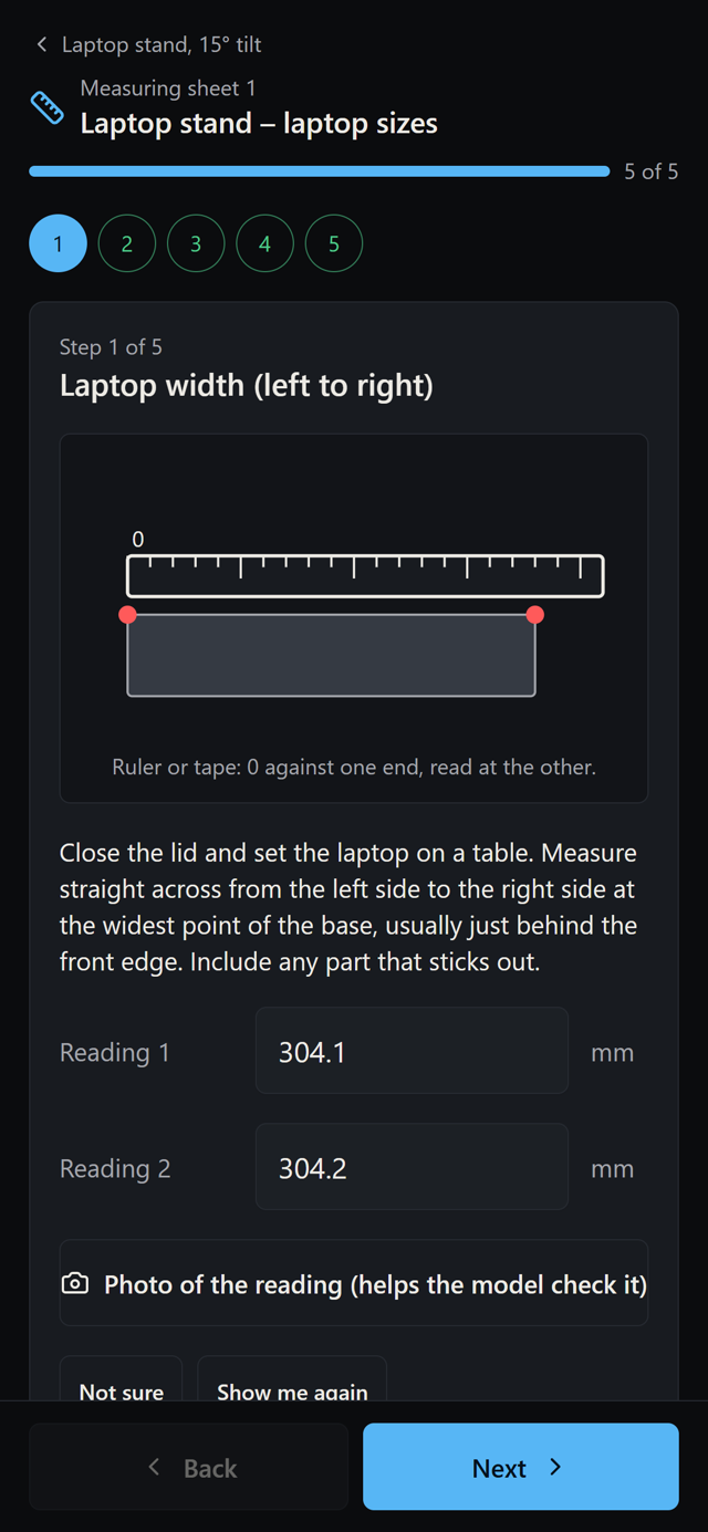 The laptop stand's measuring sheet on a phone: step 1 of 5, laptop width, a ruler drawing, two readings of 304.1 and 304.2 mm.